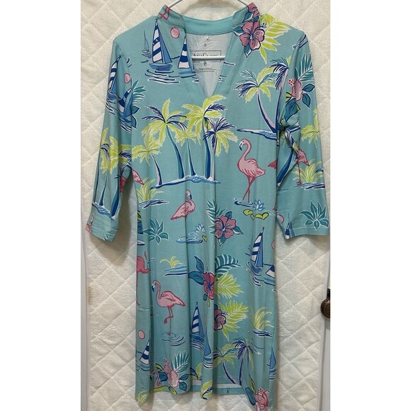 Ana Clare Aqua Blue Flamingo Dress Tropical Size Small Knee Length - Picture 2 of 4